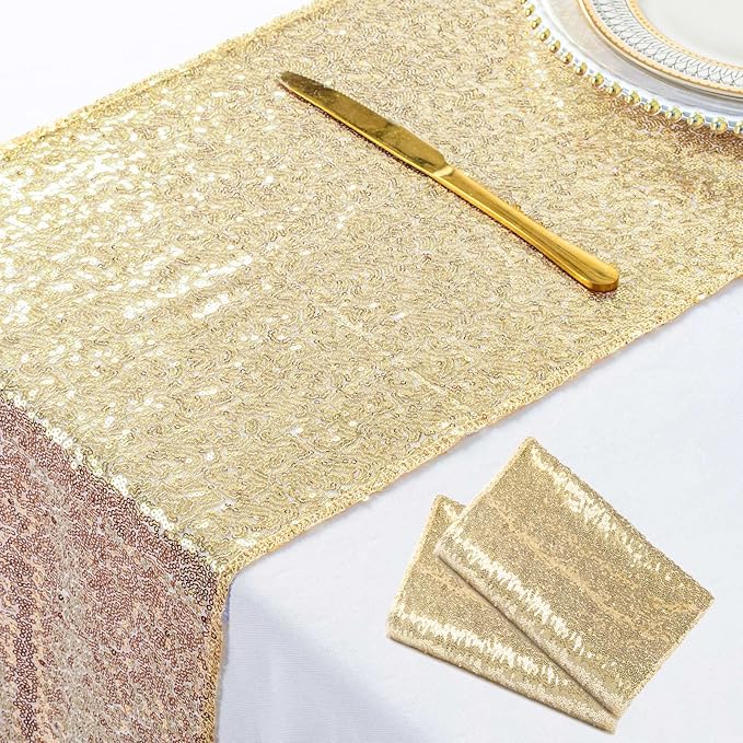 ShinyBeauty Light Gold Table Runners 12x108-Inches Pack of 2 Sequin Table Runners Glitter Table Cloth Runner for Wedding Christmas Table Decor Rectangle Table Covers for Bridal Shower Special Events