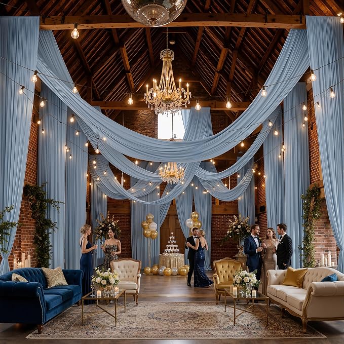 2 Panels 5x40ft Dusty Blue Ceiling Drapes for Wedding Parties, Wrinkle Free Thick Polyester 40ft Extra Long Wedding Draping Ceiling Curtains Arch Drapery for Birthday Party Canopy Tent Decor