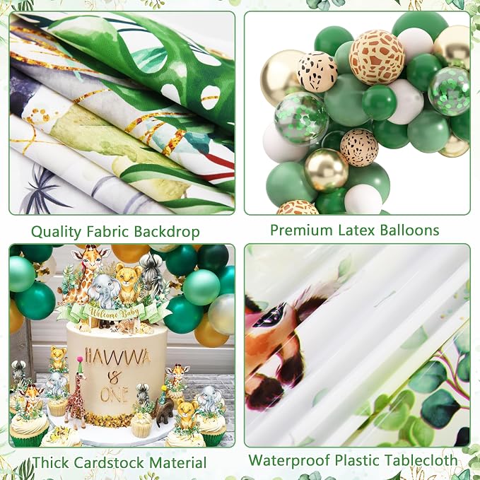 JOPHMO Safari Baby Shower Decorations for Boy - 116 Pcs Wild One Birthday Decorations Jungle Theme Baby Shower Decorations Boy with Balloon Arch Kit, Wild One Backdrop, Tablecloth and Baby Boxes