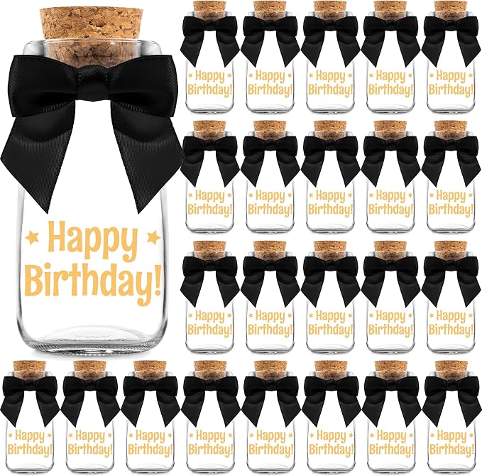 Ethisa Vintage 24 Pack Adult Birthday Party Favors Glass Bottles with Ribbons and Stickers - Classy Happy Birthday Favors and Table Centerpieces Decorations - Sturdy Candy Jar for Guests