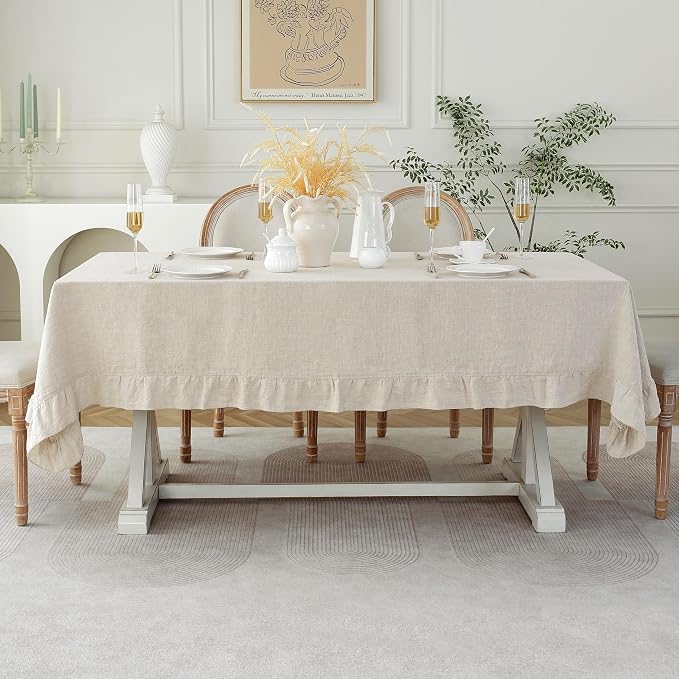 Linen World Ruffle Linen Tablecloth,100% French Linen Natural Tablecloth 120" x 60" Inch,Washable Rectangular Tablecloth for Dining,Outdoor,Weddings and Restaurants,Decorative Thanksgiving Christmas