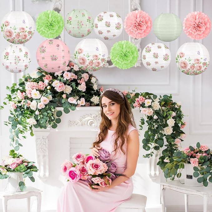 13PCS Spring Wildflower Bridal Shower Party Decorations Rose Paper Lanterns Pom Poms Valentines Day Garden Home Indoor Outdoor Decor