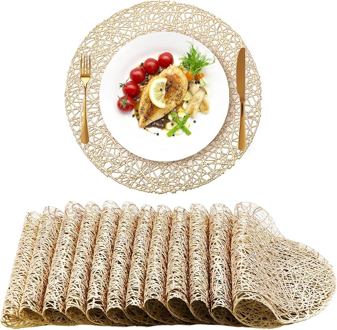 Sieral 24 Packs Gold Round Placemats 15 Inch Hollow Out Pressed Vinyl Place Mats Heat Resistant Woven Gold Placemats for Christmas Dinner Table Winter Holiday Party Wedding Centerpiece Decoration