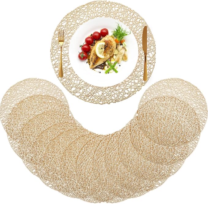 Sieral 12 Packs Gold Round Placemats 15 Inch Hollow Out Pressed Vinyl Place Mats Heat Resistant Woven Gold Placemats for Christmas Dinner Table Winter Holiday Party Wedding Centerpiece Decoration