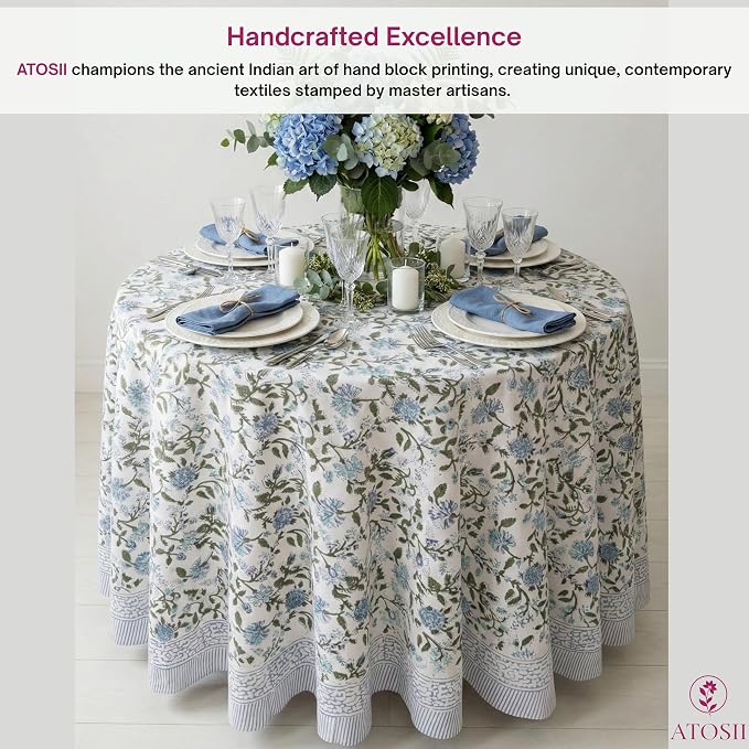 ATOSII Mahoka Blue 100% Cotton Round Tablecloth, Block Print Floral Table Cloth for Dining, Parties, Weddings, Outdoors, Holidays I 72" Inches, 4 Seater I Grandmillennial Farmhouse Boho Summer