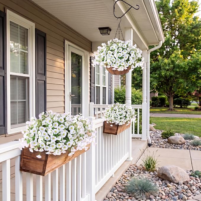 Sggvecsy Artificial Flowers for Outdoors with Baskets Hanging Plant Faux Flowers UV Resistant Fake Silk Morning Glory with Eucalyptus for Planter Porch Garden Home Spring Summer Decoration(White)