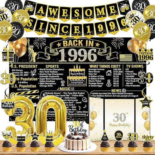 Trgowaul 30th Birthday Decorations for Men Women, Black Gold Back in 1996 Birthday Party Supplies, Vintage 30th Banner, Cup Cake Toppers, 30 Number Balloon, Cheers to 30 Years Old