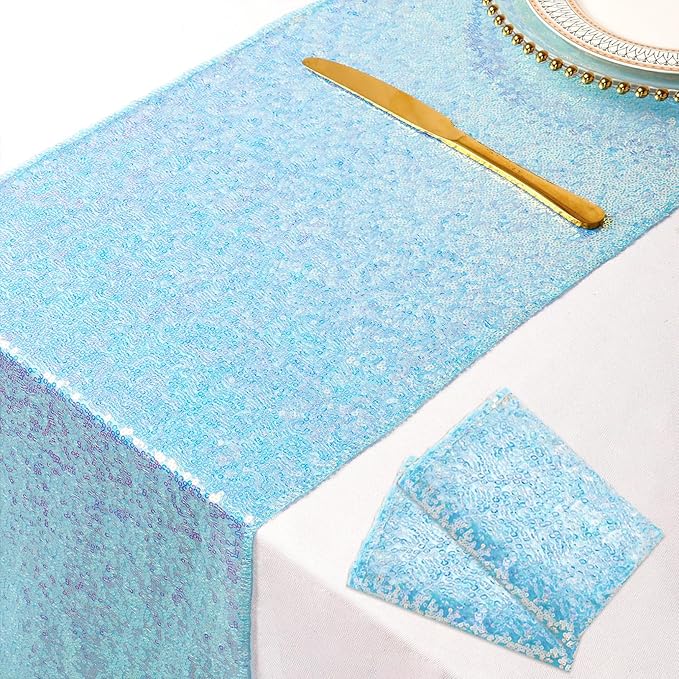 ShinyBeauty 2PC Iridescent Aqua Sequin Table Runners, 12"x108" for Rectangle Tables, Mermaid Theme, Wedding & Party Decor (Iridescent Blue)