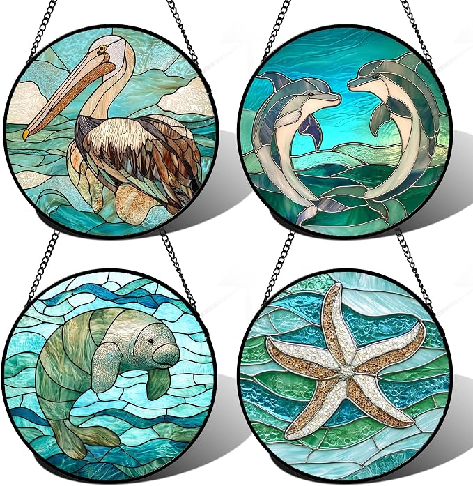 DASTOLL Stained Glass Window Hanging 4 Pcs Set Cyan Ocean Life Theme 7.8" - Sea Starfish Suncatcher Door Garden Sun Catcher Decor Birthday for Mom Woman Nana Men Friend