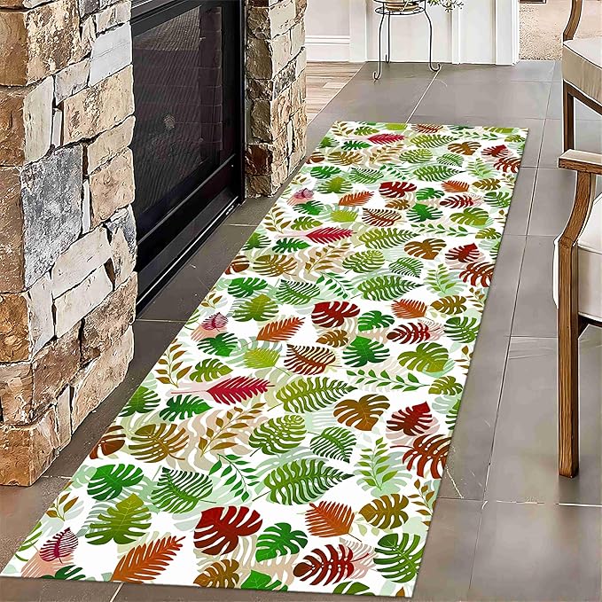 Palm Leaf Kids Runner Rug, 2x8ft, Green Colorful Leaves Palm Leaf Hallway Runner Rug, Small Cute Bath Mat Nursery Corridor Carpet, Non Slip Long Carpet for Bedroom Children Room Kitchen