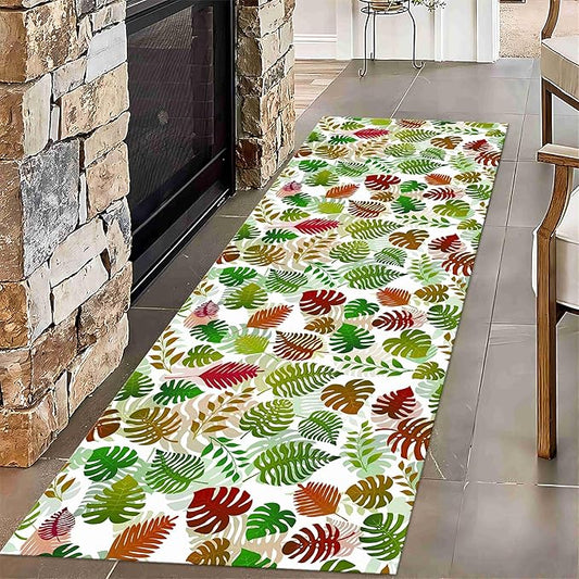 Palm Leaf Kids Runner Rug, 2.6x7ft, Green Colorful Leaves Palm Leaf Hallway Runner Rug, Small Cute Bath Mat Nursery Corridor Carpet, Non Slip Long Carpet for Bedroom Children Room Kitchen