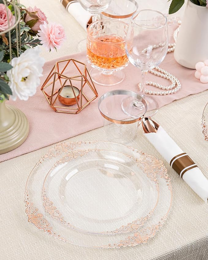Nervure 175PCS Rose Gold Plastic Plates - Disposable Rose Gold Party Plates & Pre Rolled Napkins with Cutlery for 25 Guests, 50Plates, 75Silverware, 25Cups, 25Napkin for Wedding & Party & Mothers Day