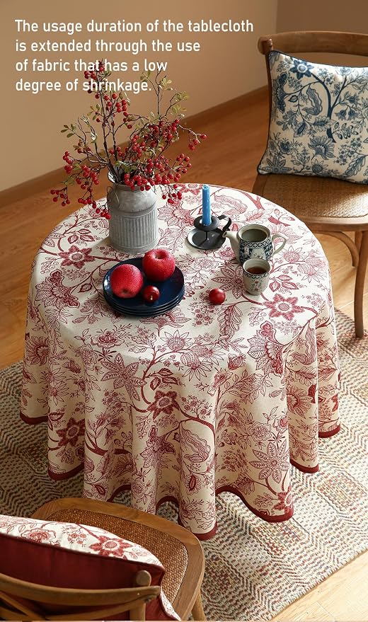 ISAENNE Designer French Linen Round Tablecloth,Diameter 55"-Ruyi A | Vintage Elegant Table Cloth for Round Table,Red Floral Pattern,Decoration,Heavyweight,Dining Room,Kitchen,Thanksgiving