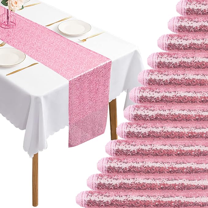 12 Packs 12 X 108 Inch Pink Sequin Table Runner Glitter Dining Table Runner for Birthday Wedding Engagement Bridal Baby Shower Bachelorette Holiday Celebration Party Supplies Decorations (Pink)