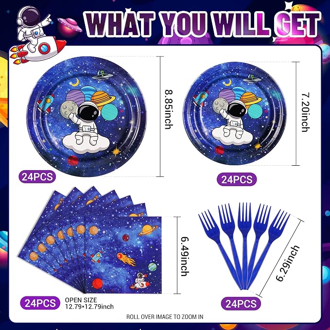 SCIONE 96 Pcs Space Theme Birthday Party Decorations Supplies Galaxy Party Tableware Set for 24 Guests Includes 24 9" Plates, 24 7" Plates, 24 6.5" Napkins, 24 Blue Forks