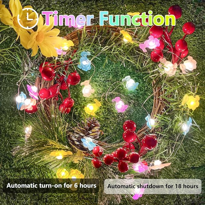 EXF Easter Decorations Bunny Pastel Fairy Lights, Battery Operated with Remote & 8 Modes & Timer, Waterproof Easter String Lights for Indoor Spring Themed Party Decor (Multi Color)