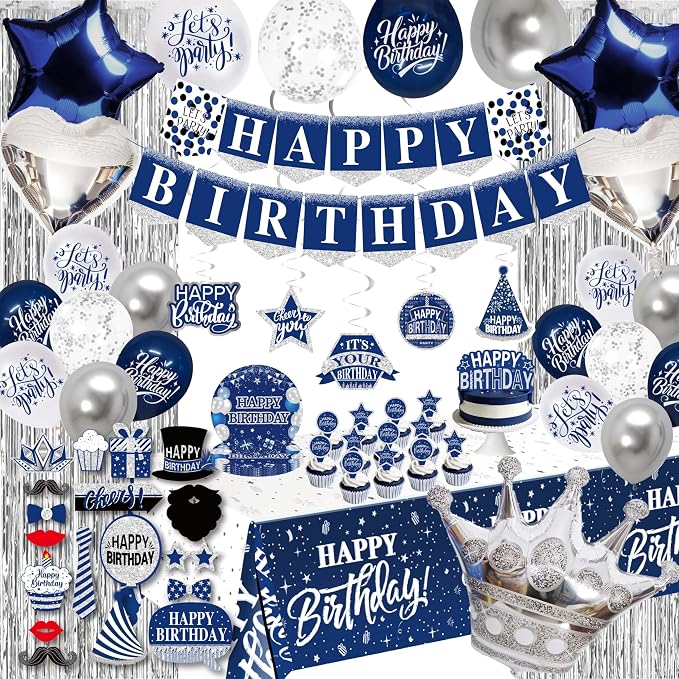 Birthday Decorations Men Blue - (Total 89pcs) blue party Banner, Pennant, Hanging Swirl, Foil Backdrops, balloons, Tablecloths, cupcake Topper, plates, Photo Props, birthday Sash for women boy