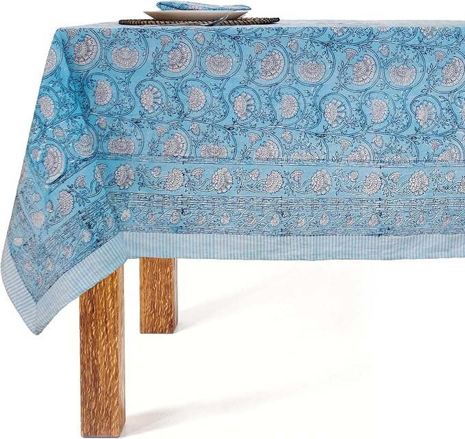 Block Print Table Cloth- 54x108 Inch Rectangle 100% Cotton Handmade Pre-Shrink, Washable Kitchen & Dining Perfect for Patio, Indoor & Outdoor, Farmhouse
