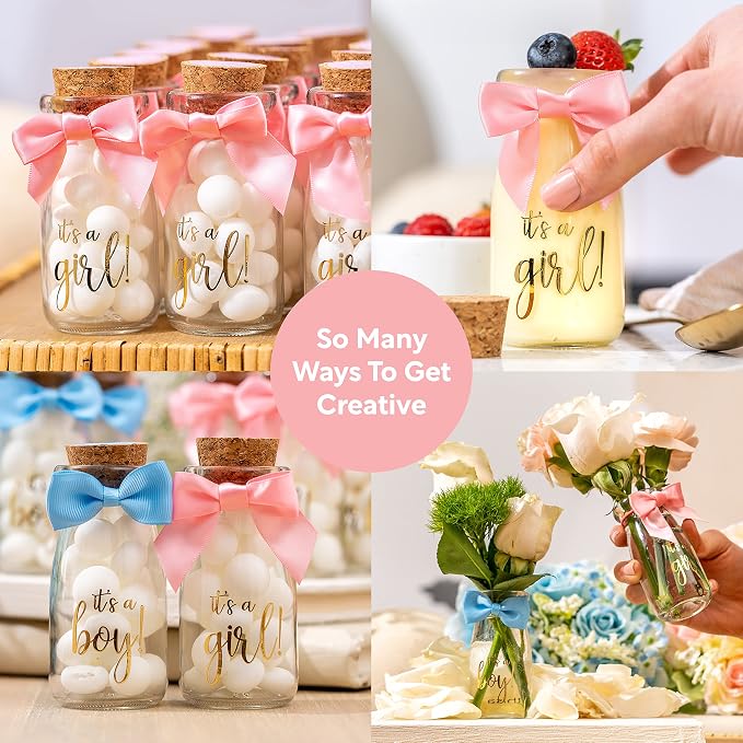 Ethisa Vintage 12 Pack It's a Girl Milk Glass Bottles with Ribbons and Stickers - Classy Baby Shower Favors for Guests and Table Centerpieces - Gender Reveal Girl Decorations - Baby Shower Candy Jar