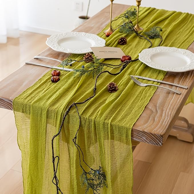 Keketoarrange Moss Green Cheesecloth Summer Table Runner Gauze 120 Inch 10 FT Rustic Boho Cheese Cloth Runner for Wedding Baby Shower Bridal Shower Long Sheer Spring Home Decorations