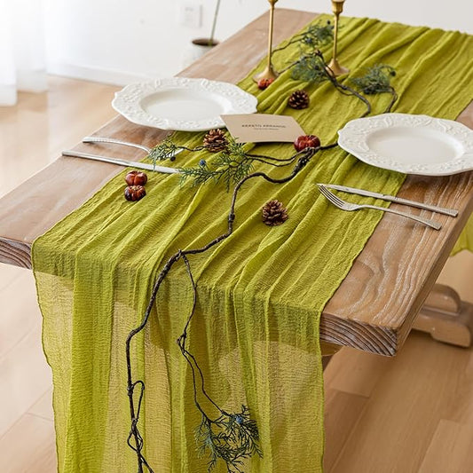 Keketoarrange Moss Green Cheesecloth Summer Table Runner Gauze 120 Inch 10 FT Rustic Boho Cheese Cloth Runner for Wedding Baby Shower Bridal Shower Long Sheer Spring Home Decorations