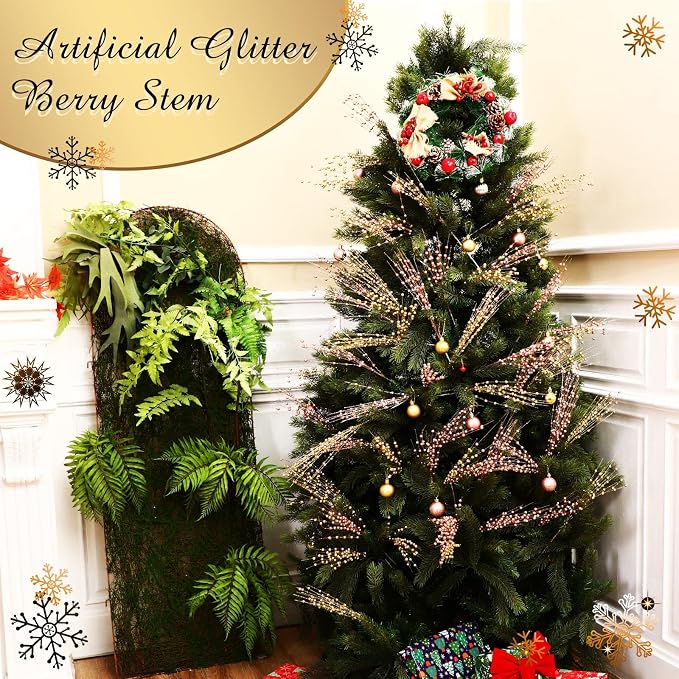 Geosar 30 Pcs Artificial Glitter Berry Stem Decorations 17 Inch Faux Stick Floral Pick Centerpiece Bouquet Flower Bead Twigs for Centerpiece Tree Wreath Ornaments Home(Gold)