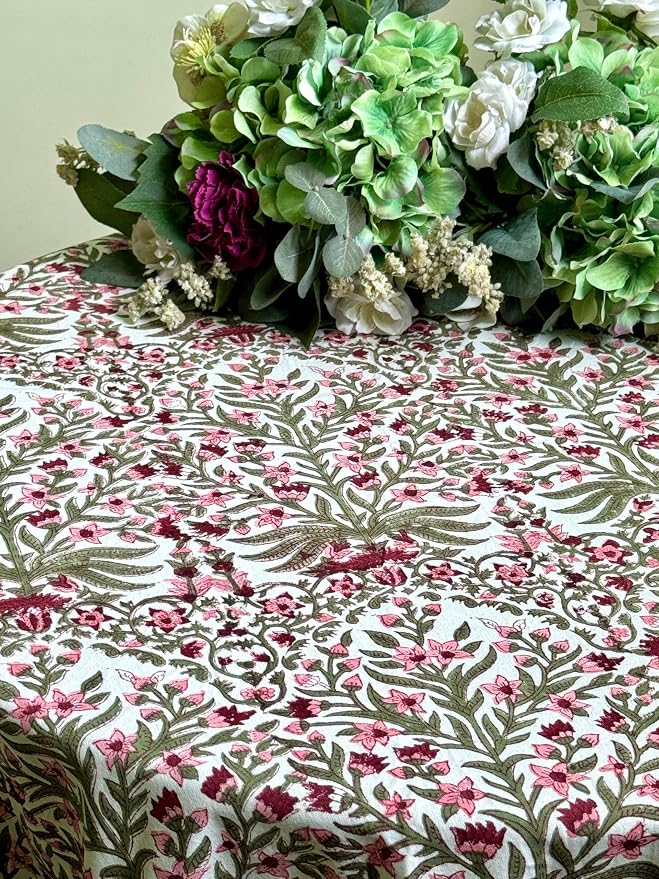 ATOSII Nargis Pink 100% Cotton Round Block Print Summer Tablecloth, Floral Table Cloth Linen for Dining Parties Weddings Outdoors Holidays I 90" Inches Round, 6 Seater I Grandmillennial Farmhouse Boho