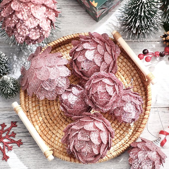 Sratte 8 Pcs Valentine Ball Ornaments Artificial Pinecone Hanging Ornaments Glitter Winter Faux Flower for Xmas Decor, 3.15/2.36 Inch(Rose Gold)