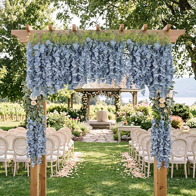 12PCS Dusty Blue Artificial Wisteria Hanging Flowers 3.6Ft Fake Bushy Silk Hanging Flowers Garland Faux Wisteria Vine for Garden Home Wedding Arch Baby Shower Party Decorations (Dusty Blue)