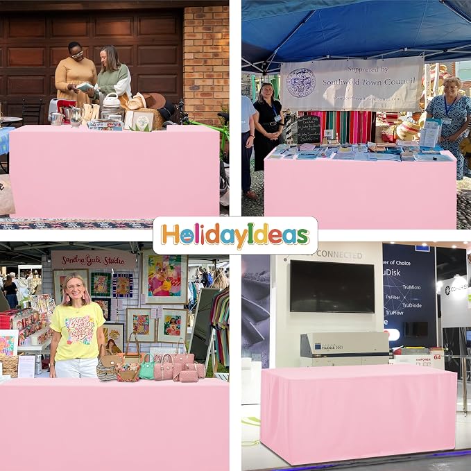 HolidayIdeas 4-Pack 6ft Open Back Fitted Tablecloths for Craft Shows Pink | 3-Sided coverage wrinkle resistant tablecloths for vendor booths,banquet events,outdoor pop-up shop