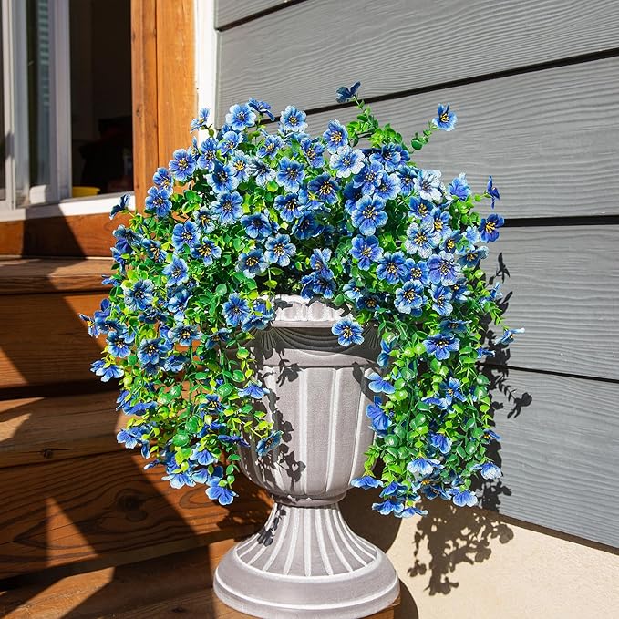 HyeFlora Artificial Flowers for Outdoors Decoration, 2Pcs Blue Fake Hanging Spring Summer Decor, Lifelike Plants, UV & Fading Resistant Flower for Porch Patio Balcony Planter Yard Home Garland