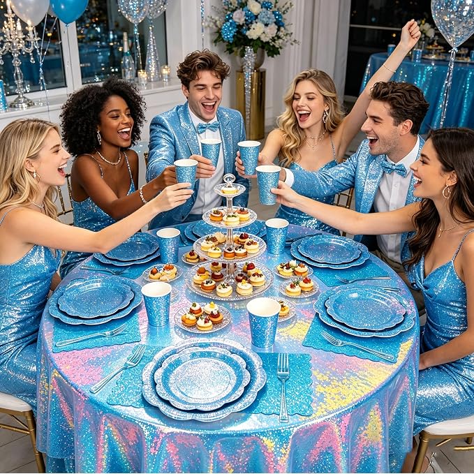 Blue Iridescent Plates and Napkins Set, Disposable Light Blue Holographic Plates Cups Napkins Forks Tablecloth Party Supplies for Birthday Baby Shower Bridal Shower Party Decorations, Serves 24 Guests