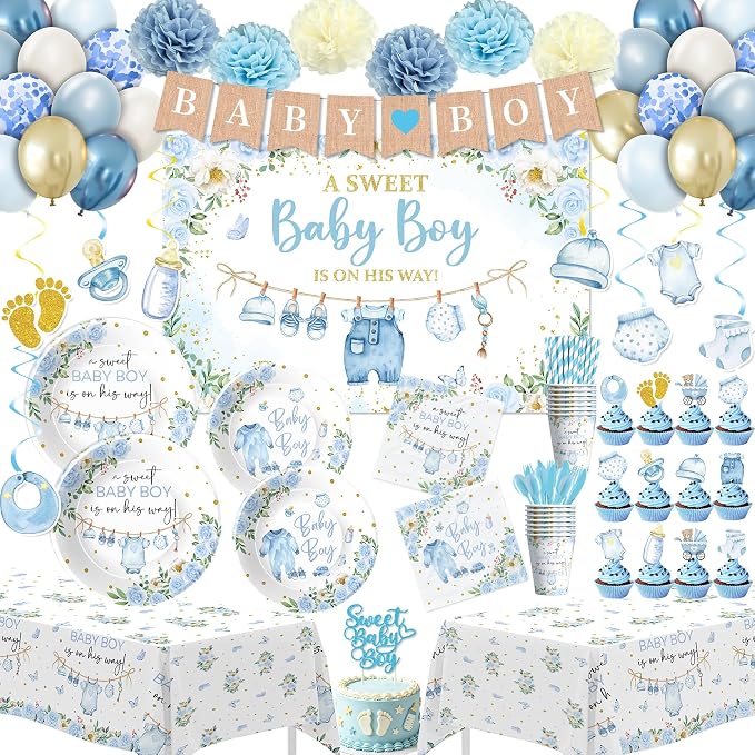 Baby Shower Decorations Boy, Blue Baby Boy Shower Party Supplies | Plate, Napkin, Cup, Tablecloth, Backdrop, Banner, Swirls, Topper, Balloons, Cutlery, All Packages in Gift Box for 24 Guests