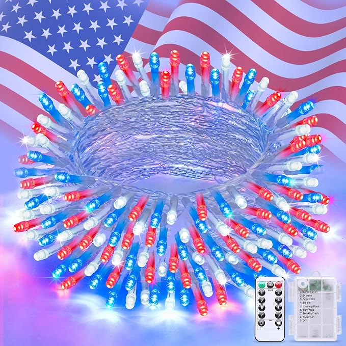 JMEXSUSS 33ft 100 LED Red White and Blue Lights Outdoor, 4th of July Lights Battery Operated with Remote, 8 Modes Patriotic Decorations for Indoor Outside Independence Day American Flag Holiday
