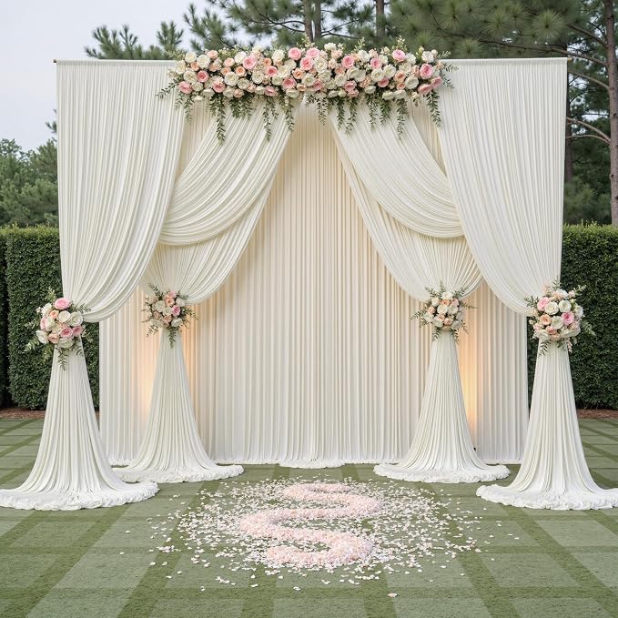 60ftx14FT Wrinkle Free Ivory Backdrop Curtain, 12 Panels 14FT Height Ivory Wedding Backdrop Drapes, Silky Polyester Back Drop Cloth for Birthday Photography Background Party Backdrop Draping