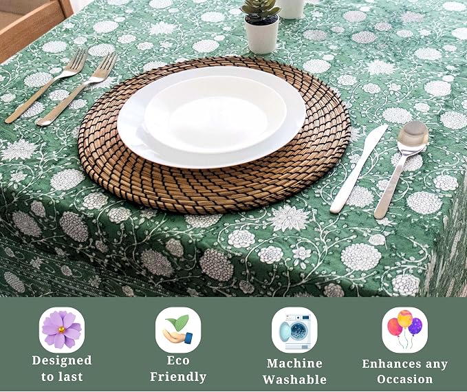 Block Print Table Cloth- 54x108 Inch Rectangle 100% Cotton Handmade Pre-Shrink, Washable for Spring, Kitchen & Dining Perfect for Patio, Indoor & Outdoor, Farmhouse