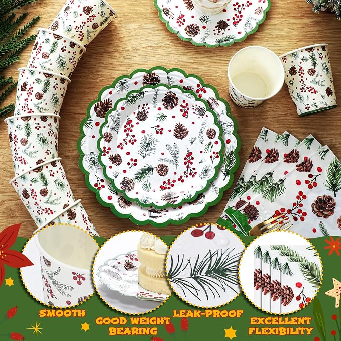 Domensi 250 Pcs Christmas Party Supplies Holly Leaf Berries Christmas Paper Plates and Napkins Cups Disposable Plates Napkins Tableware Set for 50 Guests for Xmas Winter Holiday Decoration