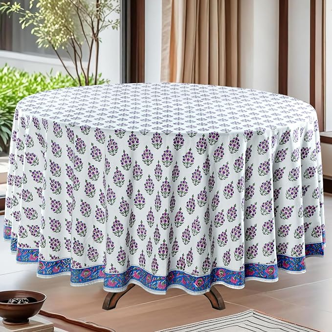 Ridhi Round Tablecloth Hand Block Print 100% Cotton Reusable Ruddy Blue 132 Inch Table Cover Decorative Everyday Use for Dining, Home, Party, Wedding, Farmhouse, Party Gift for Spring, Mother's Day