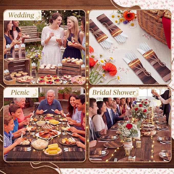 200 Pcs Rustic Wood Grain Wedding Supplies Biodegradable Disposable Tableware Set for 50 Guests Knives Spoon Fork Paper Napkins for Bridal Shower Camping Birthday Forest Themed Party