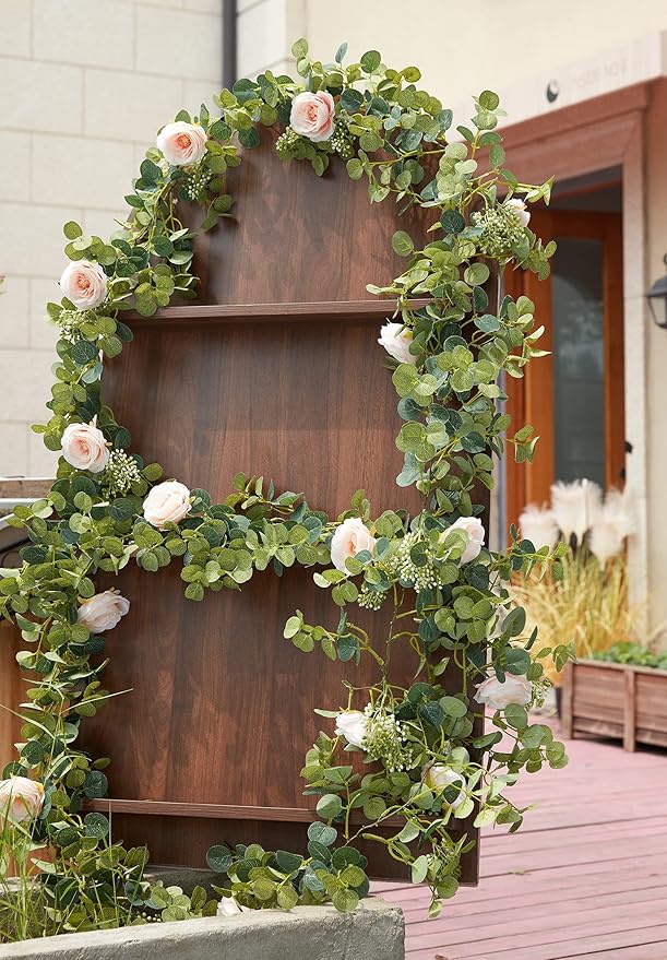 PARTY JOY 6.56ft Eucalyptus Garland with Flowers-8 Pink Roses-Lush,Natural Looking, Floral Garland Greenery for Party Wedding Table Indoor Outdoor Backdrop Wall Decor（Pink,1）