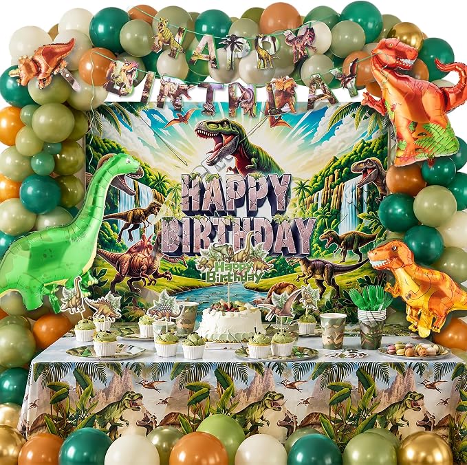 Dinosaur Birthday Decorations for Boys, 150 PCS Jurassic Dino Party Supplies with Backdrop, Dinosaur Balloons, Banner, Tablecloth, Cake Toppers & Stickers