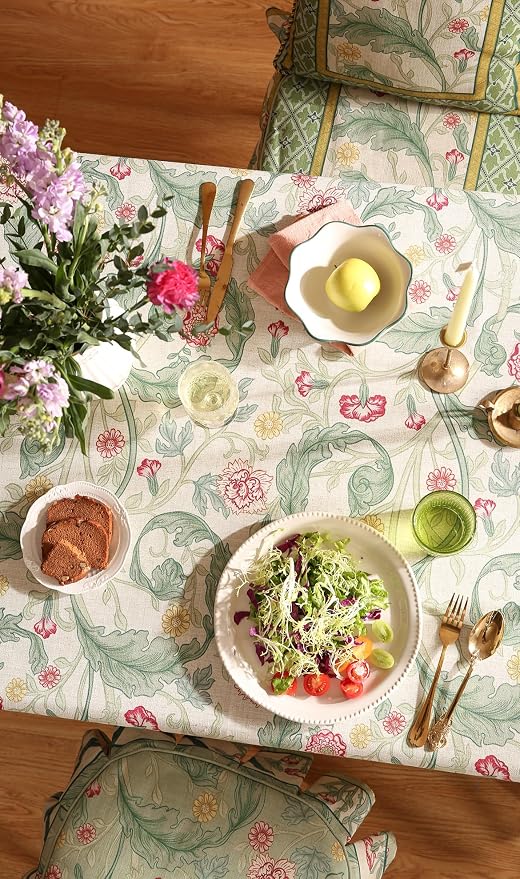patdrea Vintage French Linen Tablecloth,Rectangular,87"x63"-Cecilia A | Colorful Elegant Table Cloth for Rectangle Table,Floral Vine Patterned,for Dining Room Tea Party Thanksgiving