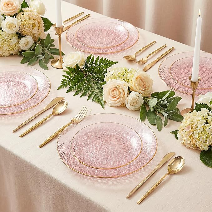 I00000 150Pcs Clear Pink Plastic Plates with Gold Rim,Pink Disposable Plates,Clear Hammer Patterned Disposable plates Set include 30 Dinner Plate,30 Dessert Plate,90 Plastic Silverware Set for Party
