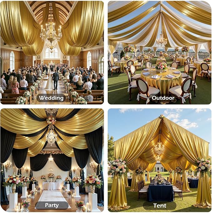 20ftx40ft Gold Ceiling Curtain for Wedding Parties – 4 Panels Wrinkle-Free 40 FT Long Tent Draping Curtains for Wedding, Birthday & Theme Parties, 40ft Height with Rod Pocket