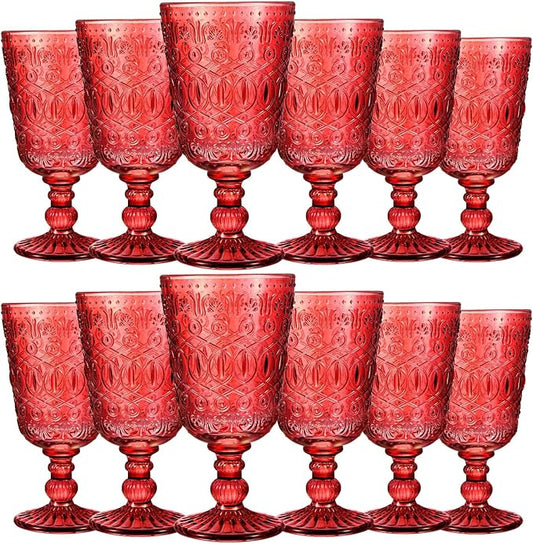 Eaasty Wine Glasses Set of 12 Vintage Goblet 9 oz Vintage Colored Glass Goblet Beverage Stemmed Glass Cups Romantic Embossed Glassware for Wedding Party Holidays Anniversary (Red)