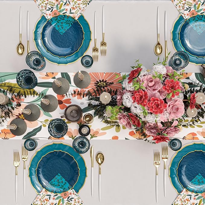 Exquisite Tinted Plates 80-Piece Plastic Disposable Party Set for 40 Guests - 40 X 7.5 Dessert Plates & 40 X 10 Thin Delicate Fancy Dinnerware with Peacock Gold Rim