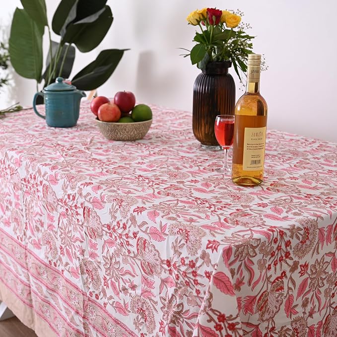 Hand Block Printed Tablecloth, Colorful Floral Print, Indian Artisan Handmade Art, Dining Room, Kitchen, Outdoor Décor, (Pink Meadow Bloom, 14 Seater 72 x 160 Inches Rectangle)