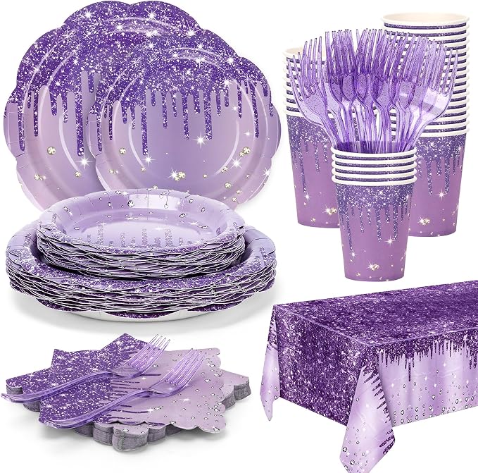 Purple Glitter Plates and Napkins Party Supplies Set, Scalloped Disposable Plates Cups Napkins Forks Tablecloth for Princess Birthday Baby Shower Bridal Shower Wedding Decorations, Serves 24 Guests