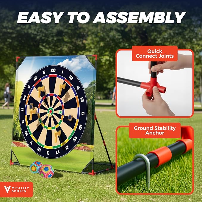 Vitality Sports 4-in-1 Sport Game with Stand - Golf Target Battle Games with Putting Mat, 12 Sticky Balls, 6 Axes, 2 Soccer Balls, 8 Bean Bags, Axe Throwing Game for Backyard