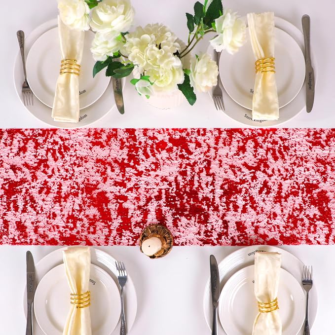 Snowkingdom 2Pcs Red Table Runner Roll Sequin Glitter Metallic Foil Sparkly Mesh Lace 108 Inches Centerpieces Table Decoration for Romantic Wedding Anniversary Birthday Hibachi Christmas Holiday Party